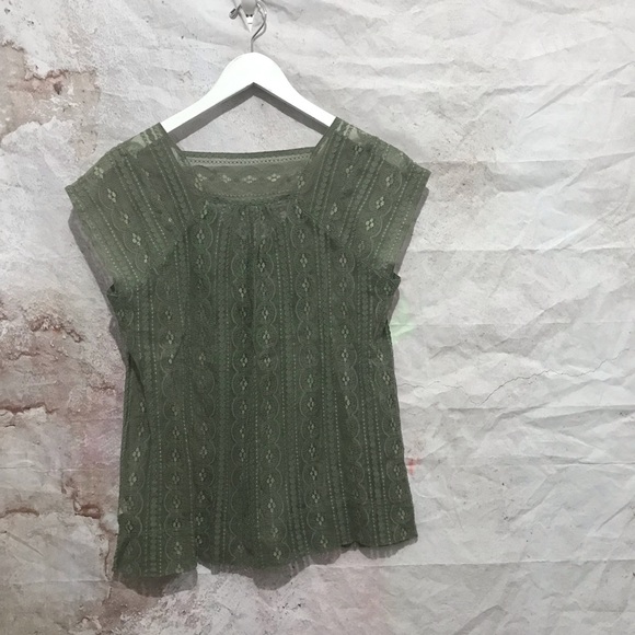 Fossil Army Green Sheer Laced Cotton Blend Oversize Small Top~ - Picture 3 of 4